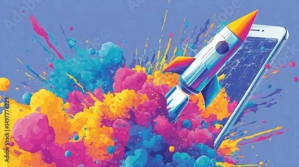 Fototapeta Vibrant rocket launching from smartphone with colorful paint splash explosion, symbolizing creativity, mobile innovation, and startup breakthrough