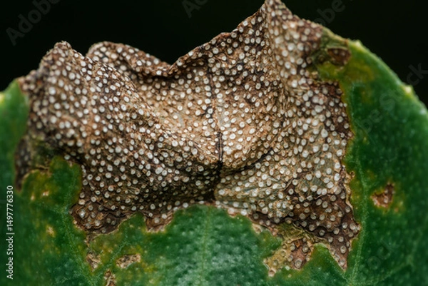 Fototapeta Citrus canker covering part of a leaf, causing brown spots and pustules