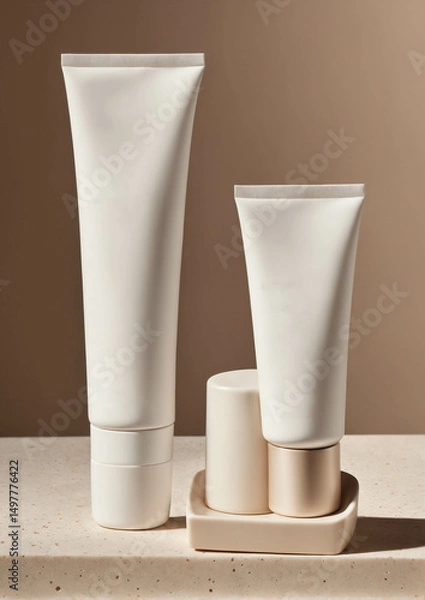 Fototapeta Minimalist blank white cosmetic tubes with gold bands set on neutral background