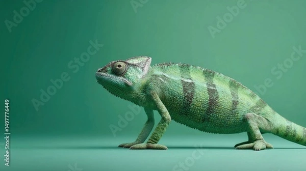 Fototapeta Realistic green chameleon standing on plain green background, showcasing vivid skin texture and natural camouflage pattern in a minimal studio setup