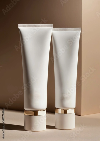 Obraz Minimalist blank white cosmetic tubes with gold bands set on neutral background