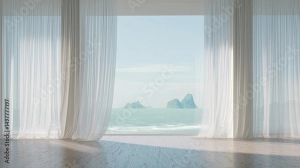 Fototapeta Minimalist luxury interior with panoramic ocean view and tropical islands through large glass window, modern coastal architecture and serene lifestyle concept.