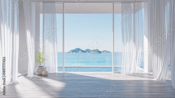 Fototapeta Minimalist luxury interior with panoramic ocean view and tropical islands through large glass window, modern coastal architecture and serene lifestyle concept.