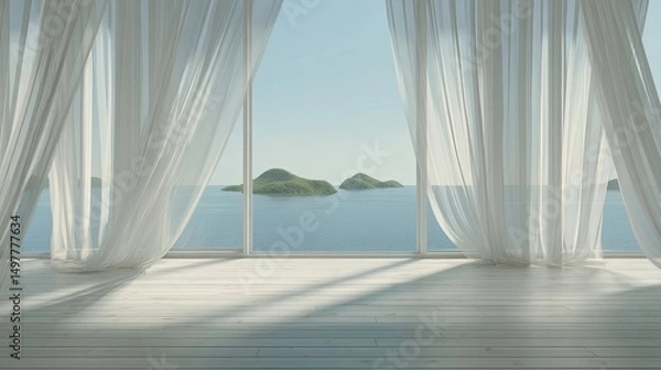 Fototapeta Minimalist luxury interior with panoramic ocean view and tropical islands through large glass window, modern coastal architecture and serene lifestyle concept.