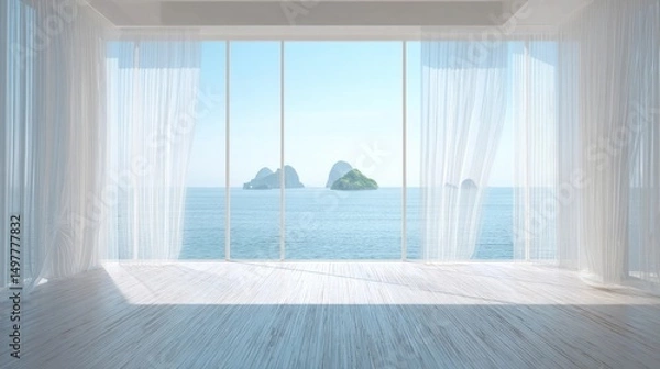 Fototapeta Minimalist luxury interior with panoramic ocean view and tropical islands through large glass window, modern coastal architecture and serene lifestyle concept.