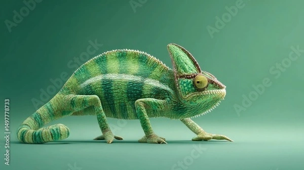 Fototapeta Realistic green chameleon standing on plain green background, showcasing vivid skin texture and natural camouflage pattern in a minimal studio setup