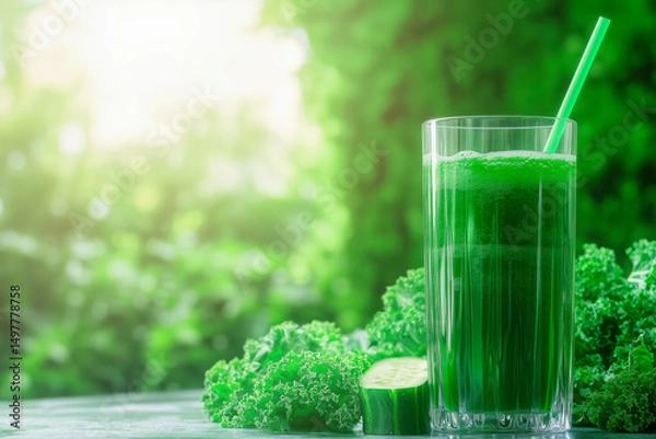 Fototapeta Tall glass of green juice with ingredients like kale, spinach, cucumber, and a straw