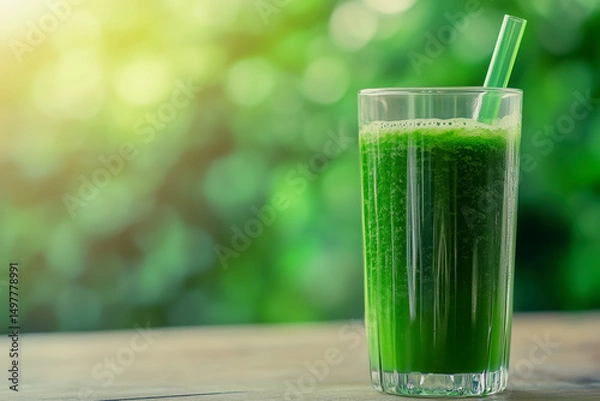 Fototapeta Tall glass of green juice with ingredients like kale, spinach, cucumber, and a straw