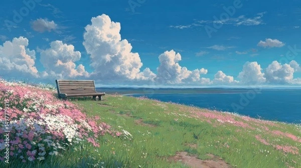 Fototapeta Tranquil coastal hillside meadow in full bloom with bench overlooking the calm ocean under a blue sky with fluffy clouds, peaceful nature and scenic solitude concept