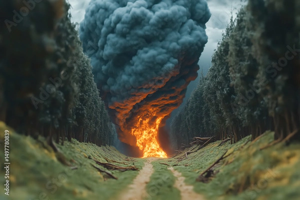 Obraz Tornado moving through a dense forest, uprooting trees and creating a path of destruction