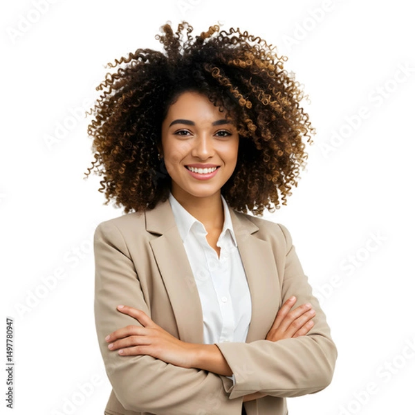 Obraz African Smiling Woman in Beige Formal Suit with Arms Crossed on Transparent Background, PNG format.
