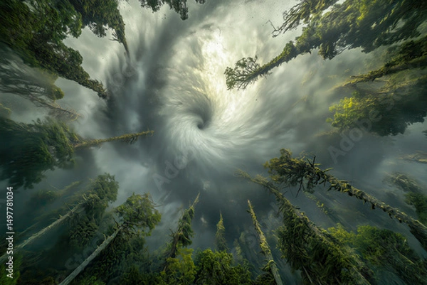 Obraz Tornado moving through a dense forest, uprooting trees and creating a path of destruction