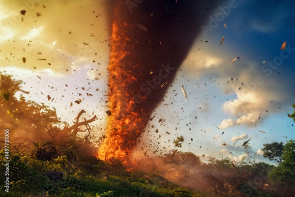 Obraz Tornado moving through a dense forest, uprooting trees and creating a path of destruction