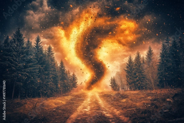 Obraz Tornado moving through a dense forest, uprooting trees and creating a path of destruction