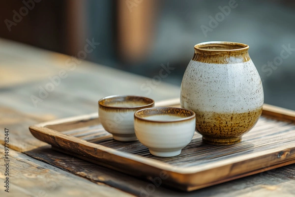 Fototapeta Traditional Japanese sake set with a ceramic sake bottle and small cups, served on a wooden tray