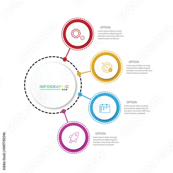 Fototapeta 4 Steps Infographics Design Template - Graph, Pie chart, workflow layout, squire diagram, brochure, report, presentation, web design Editable Vector	