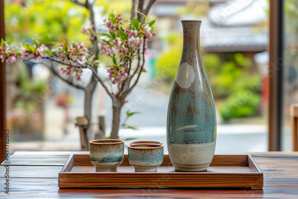Fototapeta Traditional Japanese sake set with a ceramic sake bottle and small cups, served on a wooden tray