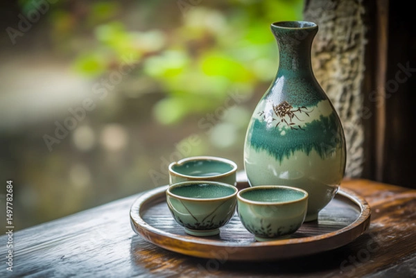 Fototapeta Traditional Japanese sake set with a ceramic sake bottle and small cups, served on a wooden tray