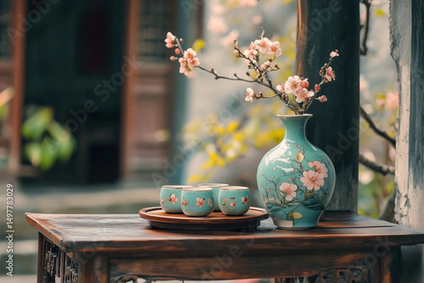 Fototapeta Traditional Japanese sake set with a ceramic sake bottle and small cups, served on a wooden tray