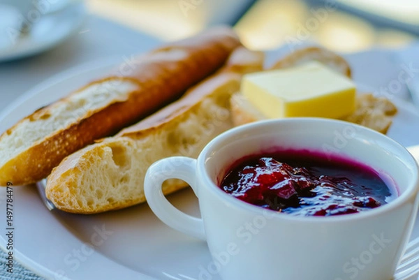 Fototapeta Typical French breakfast with a freshly baked baguette, butter, jam, and a cup of café au lait