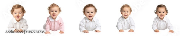 Obraz photo realistic full body of a 7 month old polish baby girl with light curls, white shirt, lying and giggling, on white background, centered ,   no grunge, splash, dust   p 31v7rvw