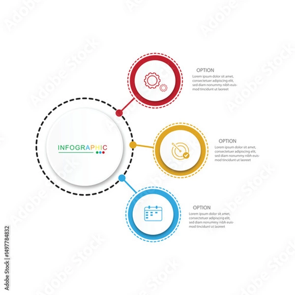Obraz 3 Steps Infographics Design Template - Graph, Pie chart, workflow layout, squire diagram, brochure, report, presentation, web design Editable Vector	