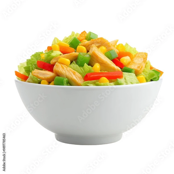 Fototapeta A vibrant salad in white bowl features fresh lettuce, grilled chicken, corn, red and yellow bell peppers, and green onions, creating colorful and healthy meal