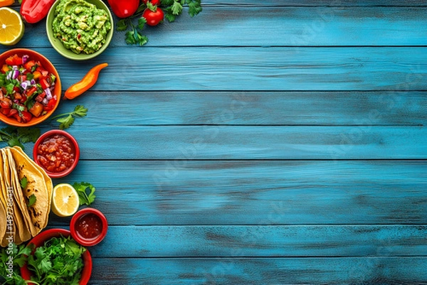 Fototapeta Vibrant Mexican fiesta table with tacos, guacamole, salsa, and colorful decorations
