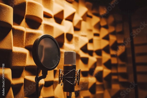 Fototapeta Vocalist recording in a studio booth, with a high-quality microphone and soundproofing panels