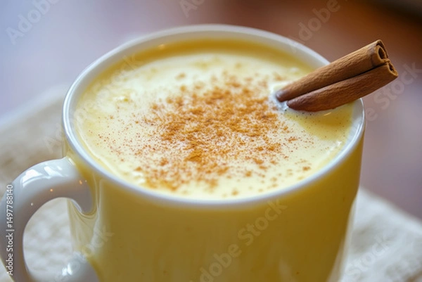 Fototapeta Warm mug of golden milk (turmeric latte) with a sprinkle of cinnamon on top, served in a cozy setting