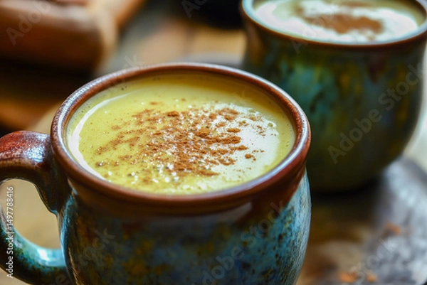 Fototapeta Warm mug of golden milk (turmeric latte) with a sprinkle of cinnamon on top, served in a cozy setting