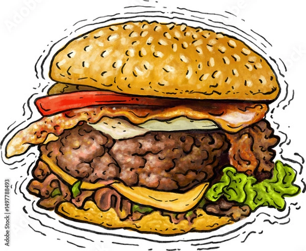 Fototapeta Colour burger sketch engraving illustration style.Hamburger with tomato, lettuce, cheese, onion. Detailed burger vector design. Hamburger icon