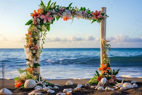 Fototapeta Wedding arch on a beach, decorated with tropical flowers, seashells, and starfish, with the ocean in the background
