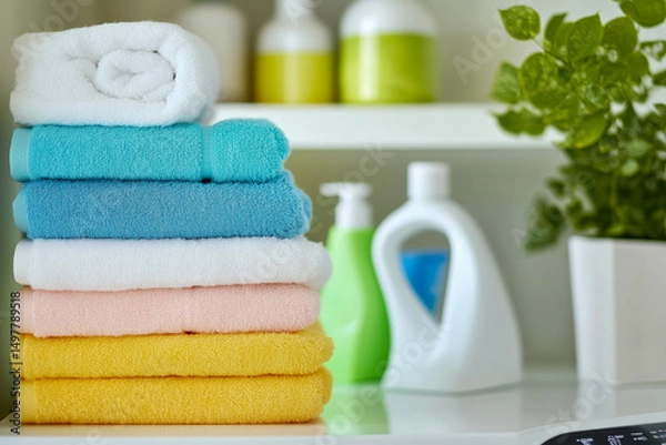 Fototapeta Well-organized laundry room with shelves full of detergents, fabric softeners, and neatly folded towels next to a washing machine