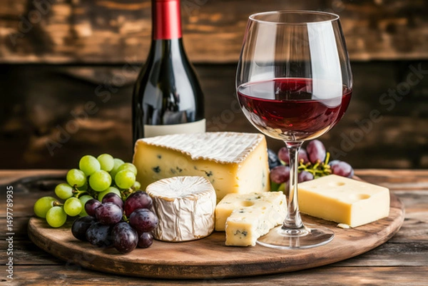 Fototapeta Wine and cheese pairing with a glass of red wine, a cheese platter, and grapes