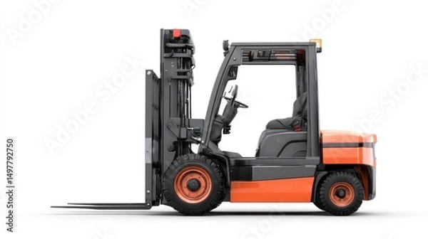 Fototapeta Side View of Modern Forklift with Orange and Black Design Ideal for Warehouse and Construction Use