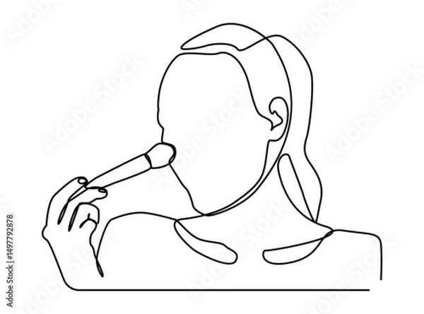 Fototapeta Minimalist continuous line art of a woman using makeup brush, Simple and elegant beauty illustration depicting skin care, makeup routine etc.