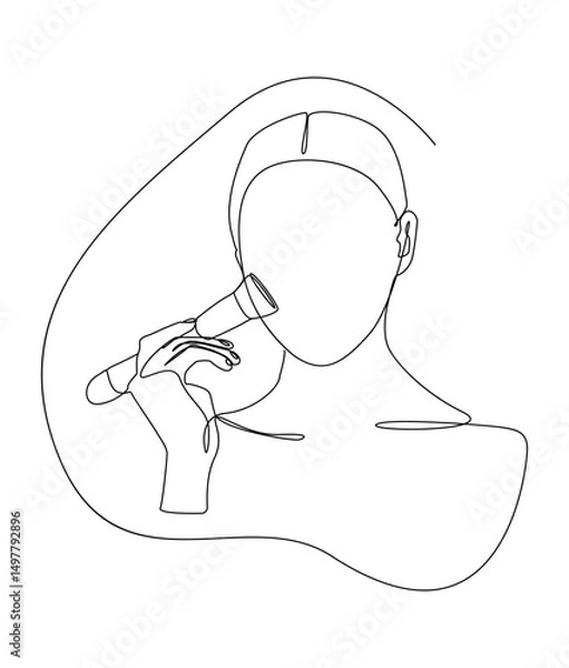 Fototapeta Continuous single line art of a woman applying makeup using a cosmetic brush. Elegant illustration of beauty, self care, cosmetics etc.
