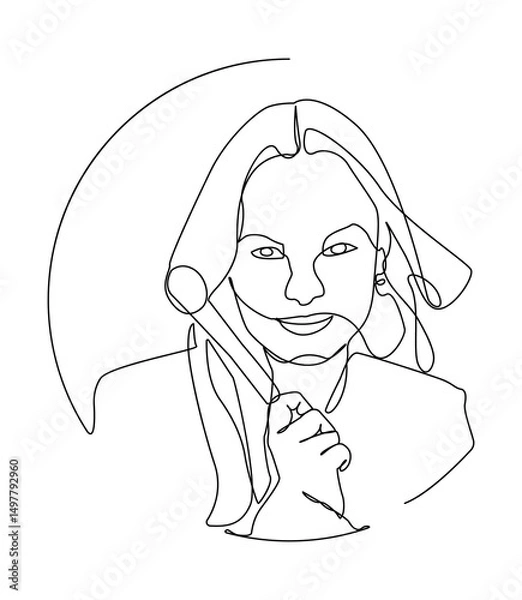 Fototapeta Continuous one line drawing of a smiling woman holding a makeup brush on her face. Elegant and expressive vector illustration with facial features.