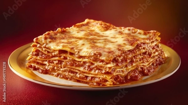 Obraz Stacked lasagna on a gold plate with red background, tempting dish.