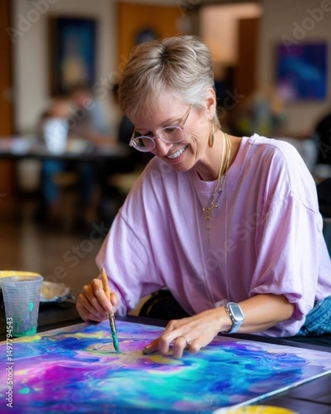 Fototapeta A visually impaired person painting with vibrant colors in a sensory art class, joyful expression