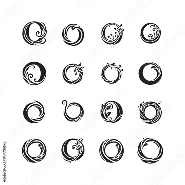 Fototapeta Botanical letter O logos with creative leaf and vine shapes, organic and elegant O monogram icon collection for eco-friendly branding and nature identity


