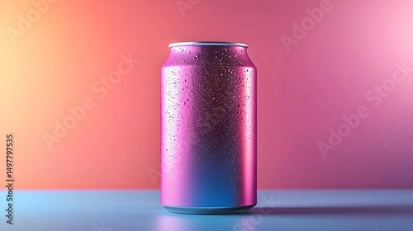 Fototapeta A vibrant pink and blue retro soda can, glistening with condensation, sits against a colorful 80s-inspired background, perfect for nostaic beverage advertisements or designs.