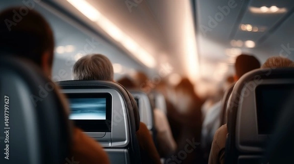 Obraz Passengers seated on an airplane, enjoying in-flight entertainment during travel.