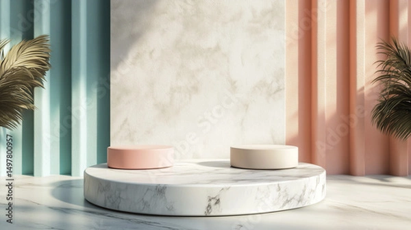 Fototapeta A 3D-rendered setup shows a pastel-colored product display in three steps, complete with an empty podium on a sleek modern background.