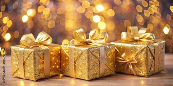 Fototapeta Three Golden Gift Boxes Adorned with Elegant Bows Against a Shimmering Background of Warm Lights