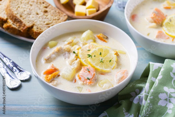 Fototapeta Fish and shrimp cream soup in white bowls on blue table