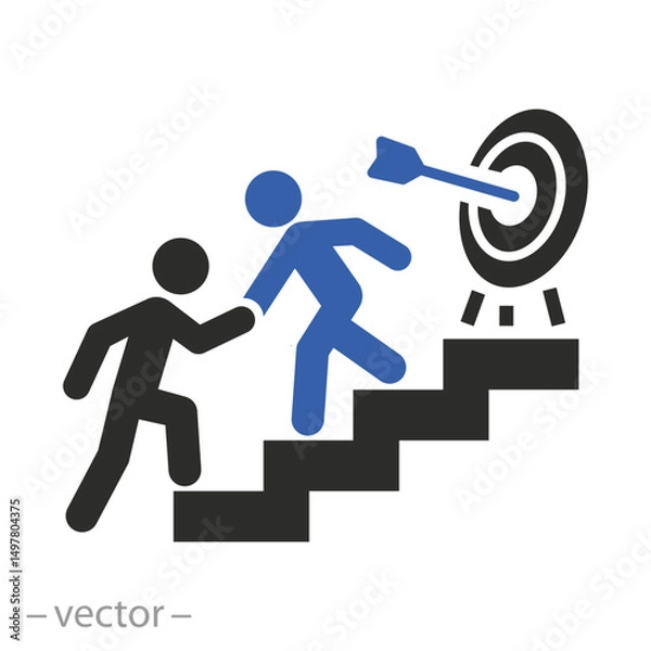 Fototapeta mentoring, mentor support for man climbs the stairs icon, help person with progress steps, flat vector illustration