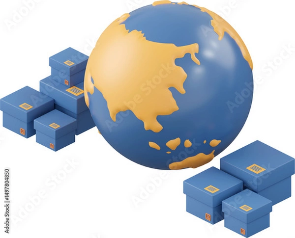 Obraz Globe with parcel box, 3d illustration of isometric icon import and export concept