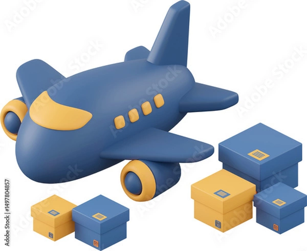 Obraz Airplane with parcel box, 3d illustration of isometric icon import and export concept